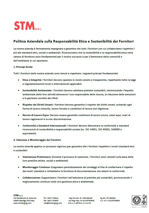 Politica Aziendale sulla Responsabilità Etica e Sostenibilità dei Fornitori