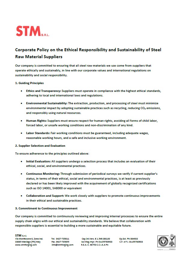 Company Policy on Ethical Responsibility and Sustainability of Steel Raw Material Suppliers